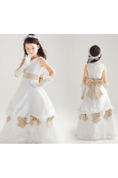Nobility Gold Bow Satin Organza Flower Girl Dress
