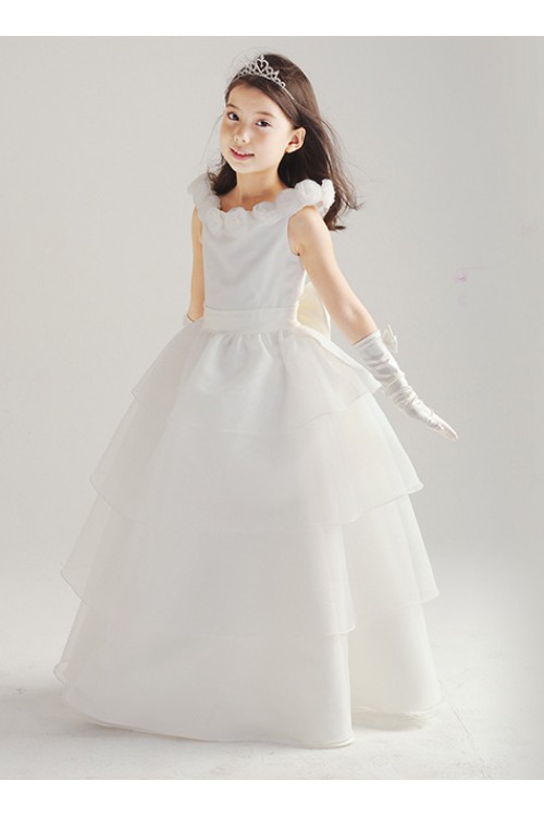 White Rose Satin Organza Flower Girl Dress