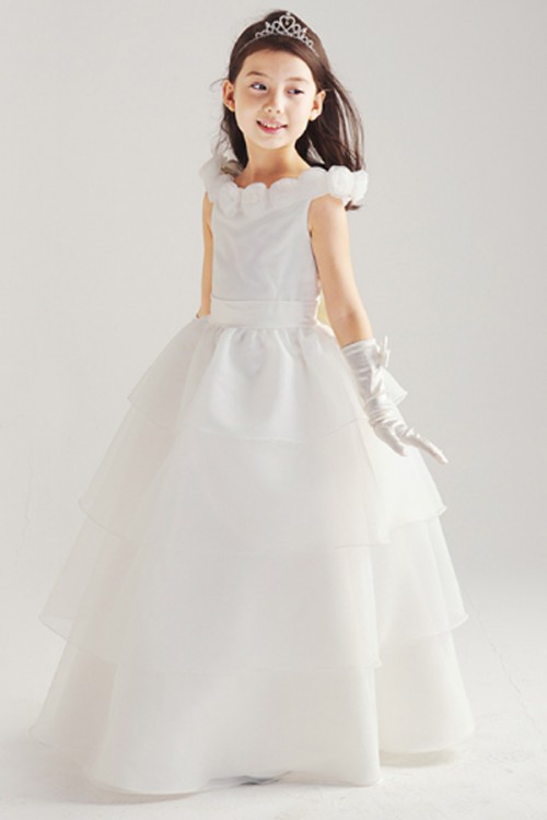 White Rose Satin Organza Flower Girl Dress