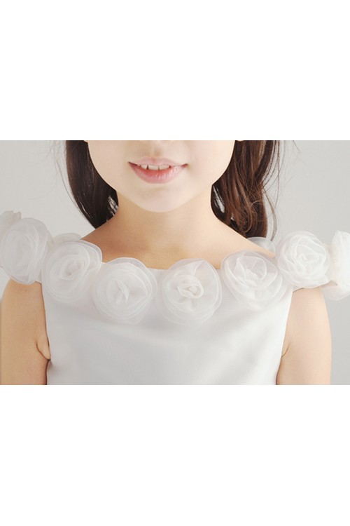 White Rose Satin Organza Flower Girl Dress