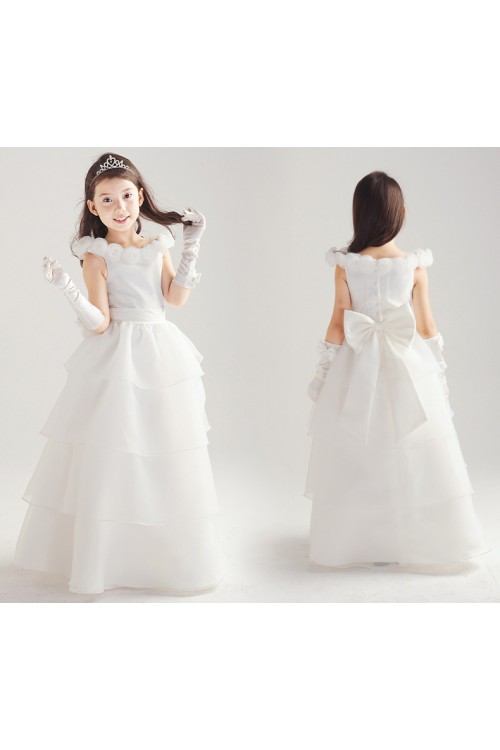 White Rose Satin Organza Flower Girl Dress