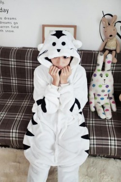 Flannel White Tiger Kigurumi Lovers Style Pajamas